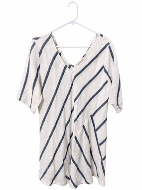 Soft Surroundings Linen Blend Striped Dress Blue White V Neck 3/4 Sleeve Coastal